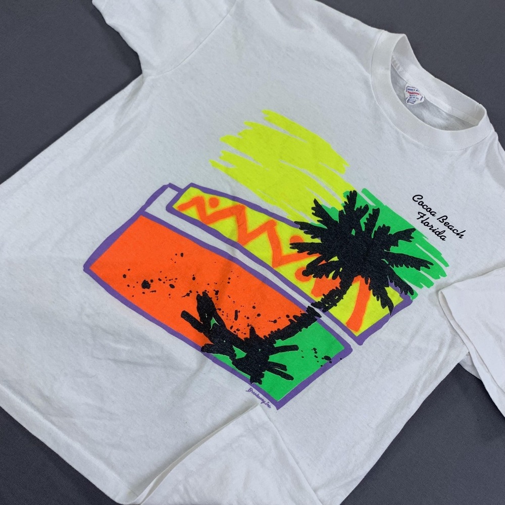 VTG Cocoa Beach Florida Shirt Men LG Neon Palm Tree Made USA 90s Single Stitch